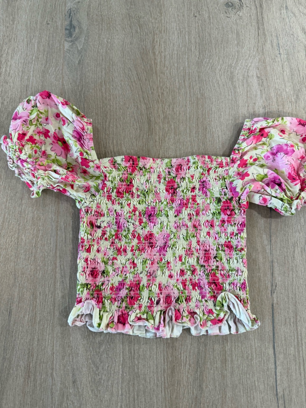 Katie J NYC Pink Floral Smocked Puff Sleeve Top Skirt Set L Bloomingdales - Picture 4 of 11